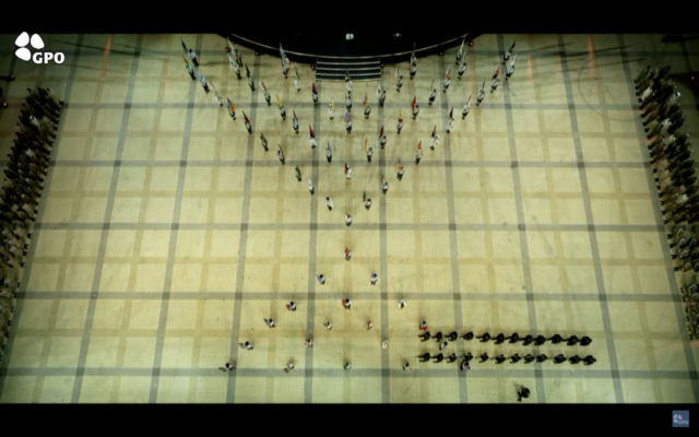 IDF soldiers form the pattern of the hostages ribbon during the official Independence Day ceremony, May 13, 2024. (Screenshot, used in accordance with Clause 27a of the Copyright Law)